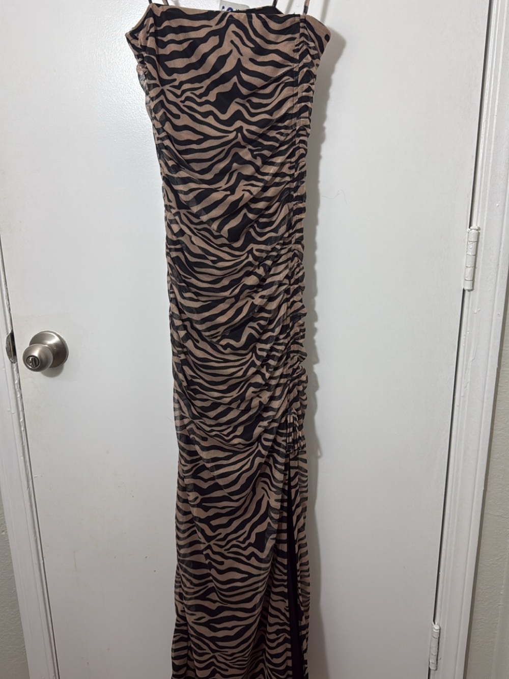 Print Ruched Maxi Dress - Brown & Black with slit at the side